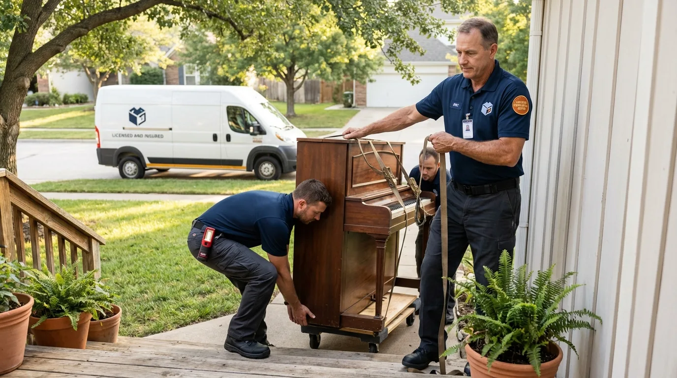 Licensed piano movers securing grand piano in Charleroi, PA