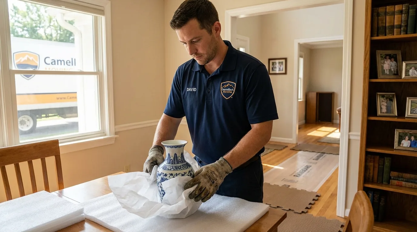 Professional crew carefully wrapping antique vase for senior downsizing move in Charleroi, PA